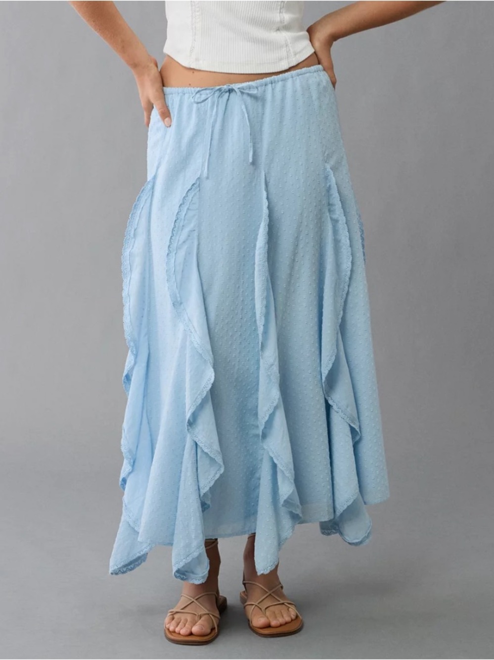 Light Blue High-Waisted Cascade Ruffle Maxi Skirt